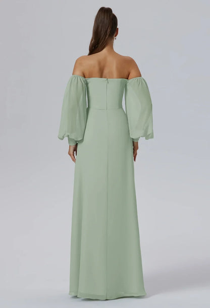 Elegant A-Line Off-Shoulder Long-Sleeve Slit Sage Maxi Bridesmaid Dress Women