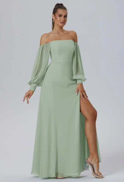 Elegant A-Line Off-Shoulder Long-Sleeve Slit Sage Maxi Bridesmaid Dress Women