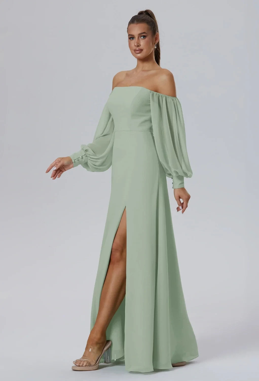 Elegant A-Line Off-Shoulder Long-Sleeve Slit Sage Maxi Bridesmaid Dress Women