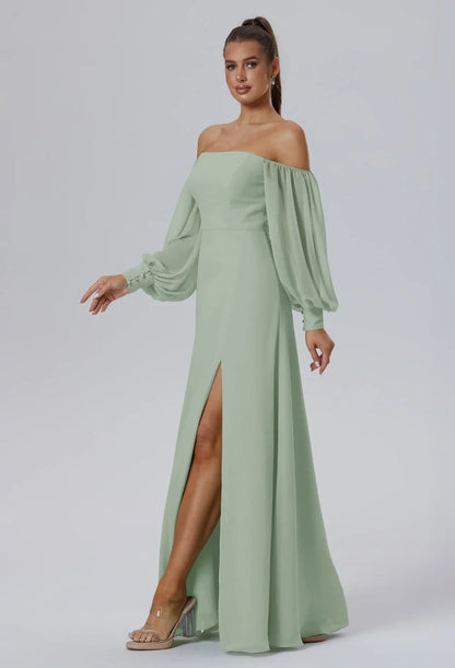 Elegant A-Line Off-Shoulder Long-Sleeve Slit Sage Maxi Bridesmaid Dress Women