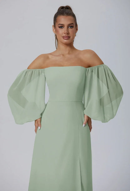 Elegant A-Line Off-Shoulder Long-Sleeve Slit Sage Maxi Bridesmaid Dress Women