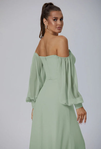 Elegant A-Line Off-Shoulder Long-Sleeve Slit Sage Maxi Bridesmaid Dress Women