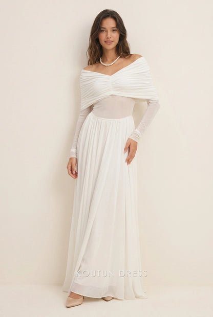 Elegant A-Line Off-Shoulder Long Sleeve Ruched Empire Ivory Floor-Length Prom Dresses