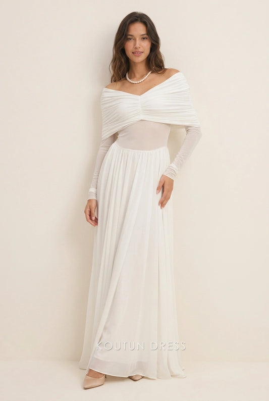 Elegant A-Line Off-Shoulder Long Sleeve Ruched Empire Ivory Floor-Length Prom Dresses