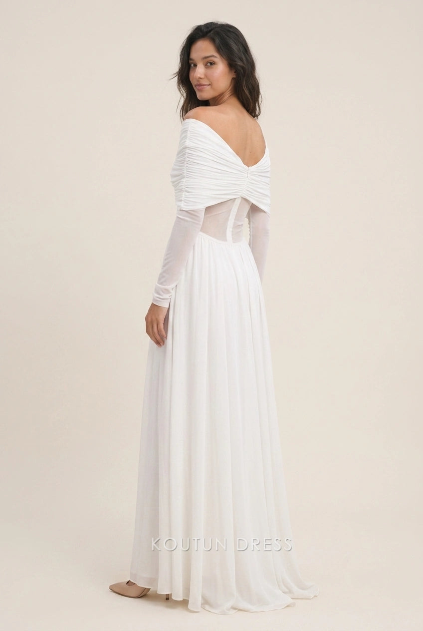 Elegant A-Line Off-Shoulder Long Sleeve Ruched Empire Ivory Floor-Length Prom Dresses