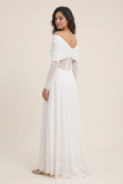 Elegant A-Line Off-Shoulder Long Sleeve Ruched Empire Ivory Floor-Length Prom Dresses