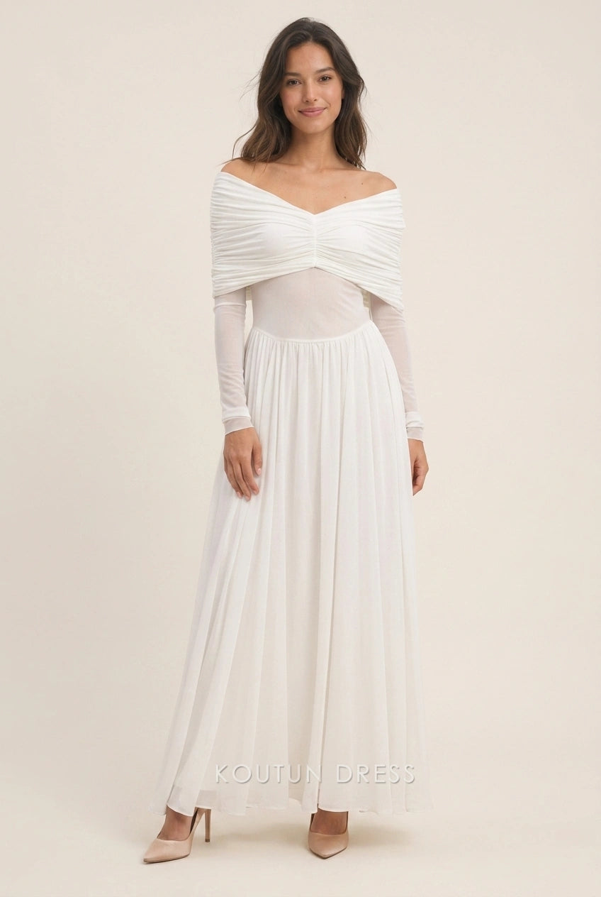 Elegant A-Line Off-Shoulder Long Sleeve Ruched Empire Ivory Floor-Length Prom Dresses