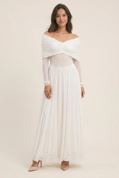 Elegant A-Line Off-Shoulder Long Sleeve Ruched Empire Ivory Floor-Length Prom Dresses