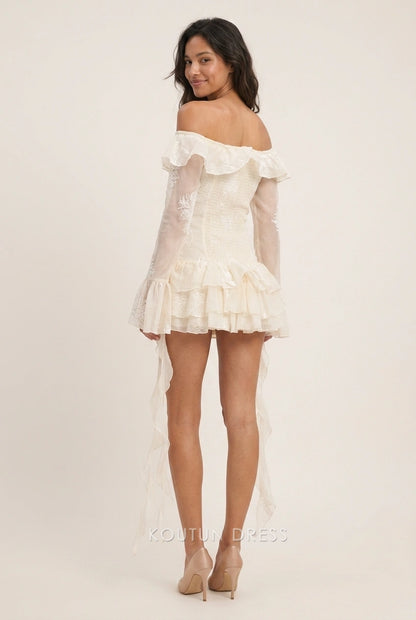 Elegant A-Line Off-Shoulder Long Sleeve Ruffled Lace Cream Short Homecoming Dresses