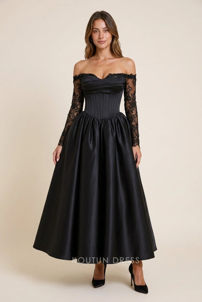 Elegant A-Line Off-Shoulder Long Sleeves Corset Black Midi Prom Dresses