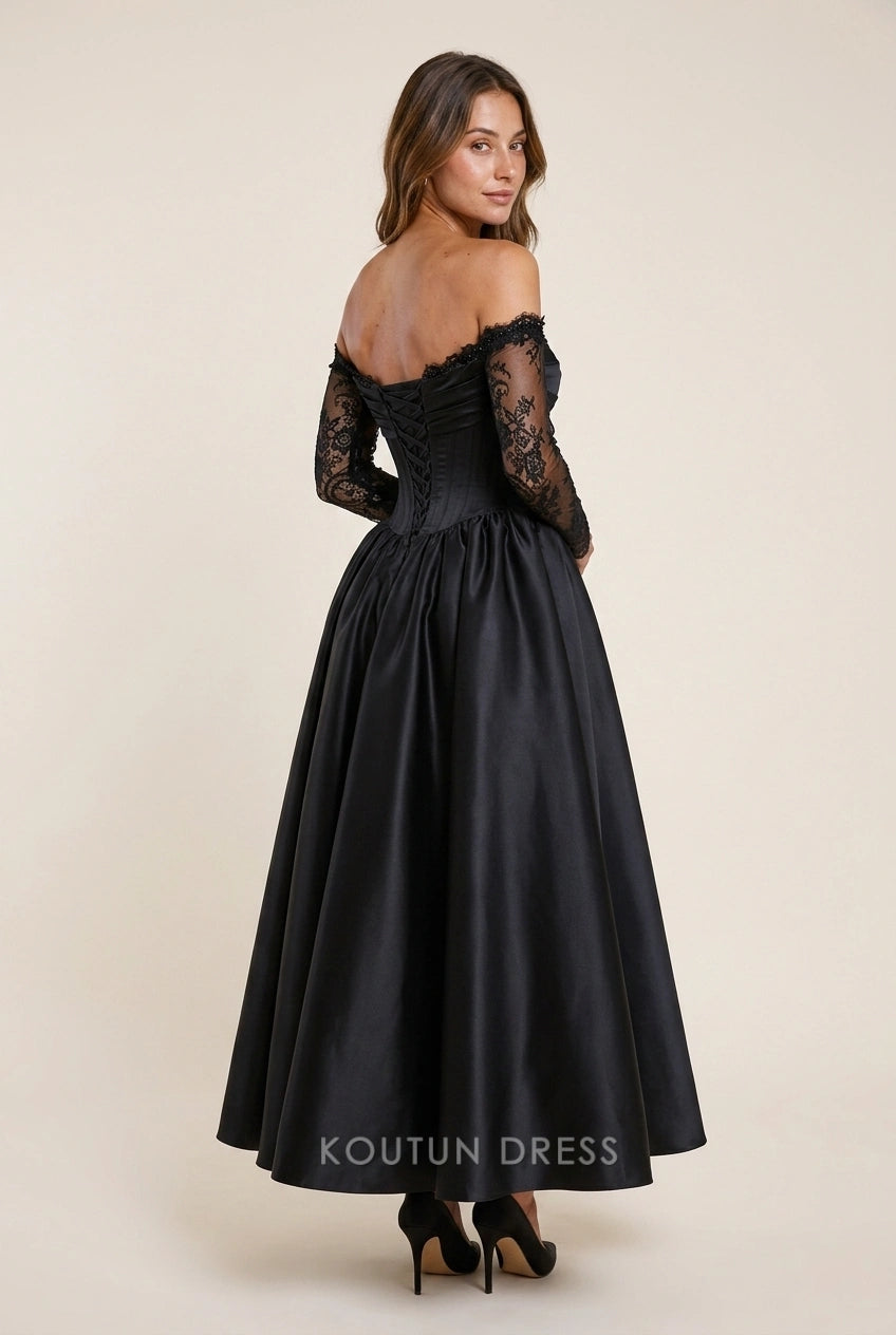 Elegant A-Line Off-Shoulder Long Sleeves Corset Black Midi Prom Dresses