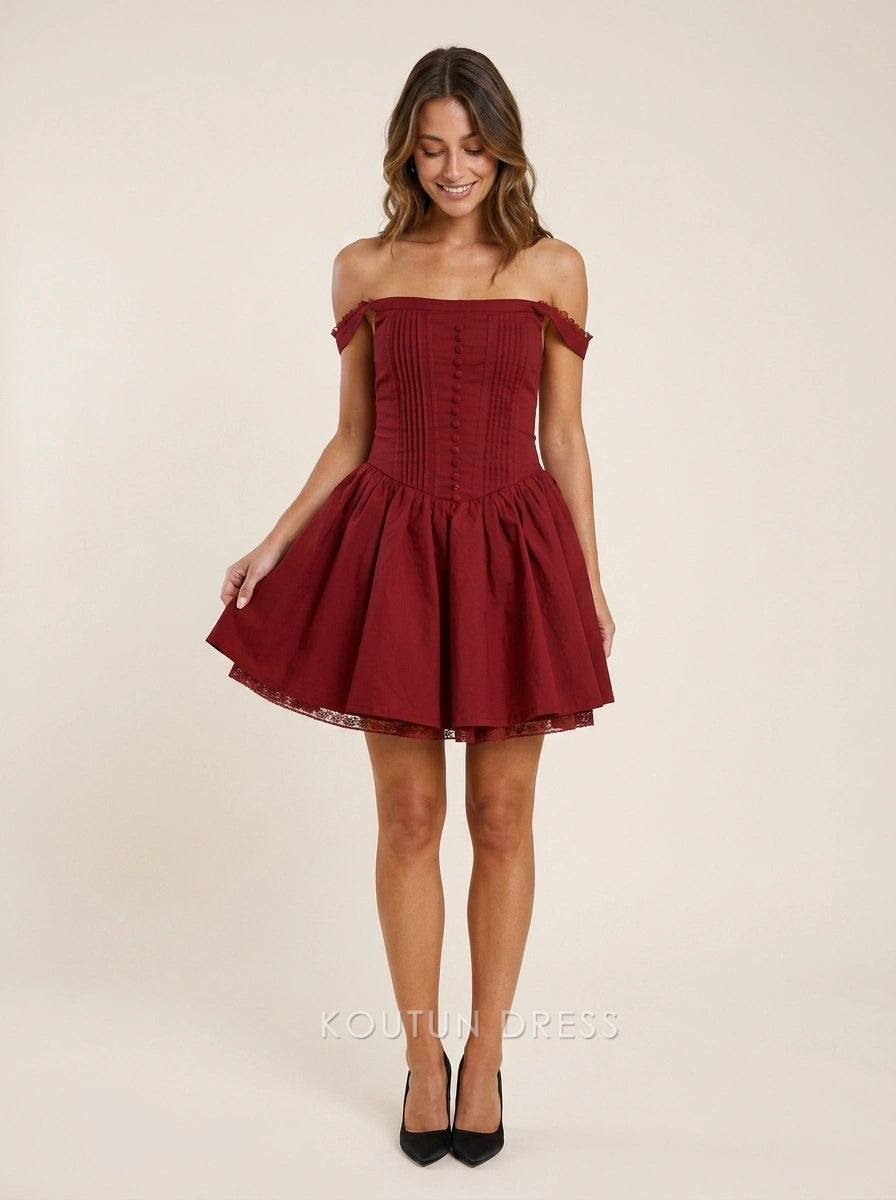 Elegant A-Line Off-Shoulder Pleated Bodice Burgundy Short Homecoming Dresses