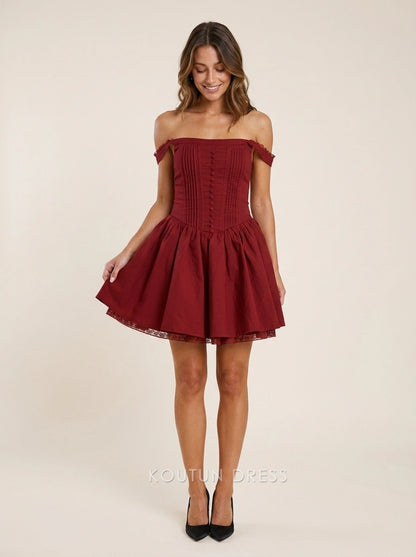 Elegant A-Line Off-Shoulder Pleated Bodice Burgundy Short Homecoming Dresses