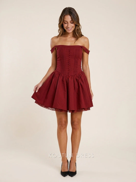 Elegant A-Line Off-Shoulder Pleated Bodice Burgundy Short Homecoming Dresses