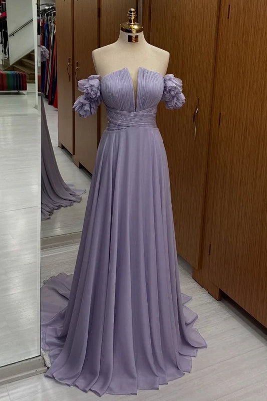 Elegant A-Line Off-Shoulder Pleated Floral Lavender Floor-Length Prom Dresses