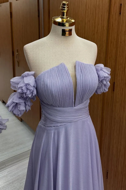 Elegant A-Line Off-Shoulder Pleated Floral Lavender Floor-Length Prom Dresses