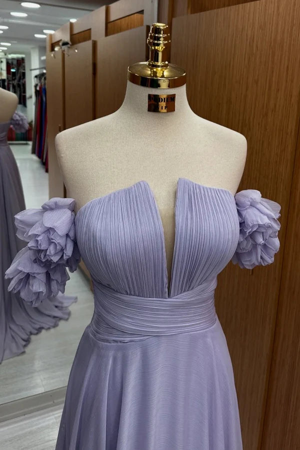 Elegant A-Line Off-Shoulder Pleated Floral Lavender Floor-Length Prom Dresses