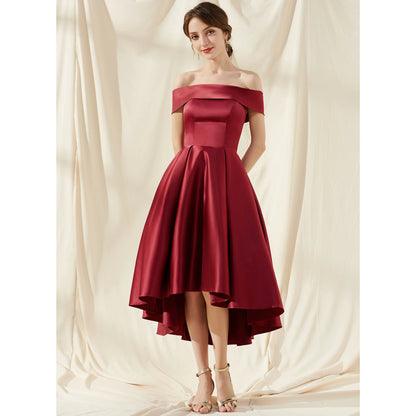 Elegant A-Line Off-Shoulder Pleated High-Low Burgundy Homecoming Dresses Women Gown