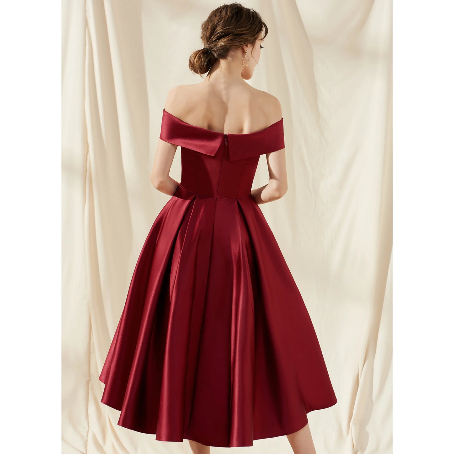 Elegant A-Line Off-Shoulder Pleated High-Low Burgundy Homecoming Dresses Women Gown