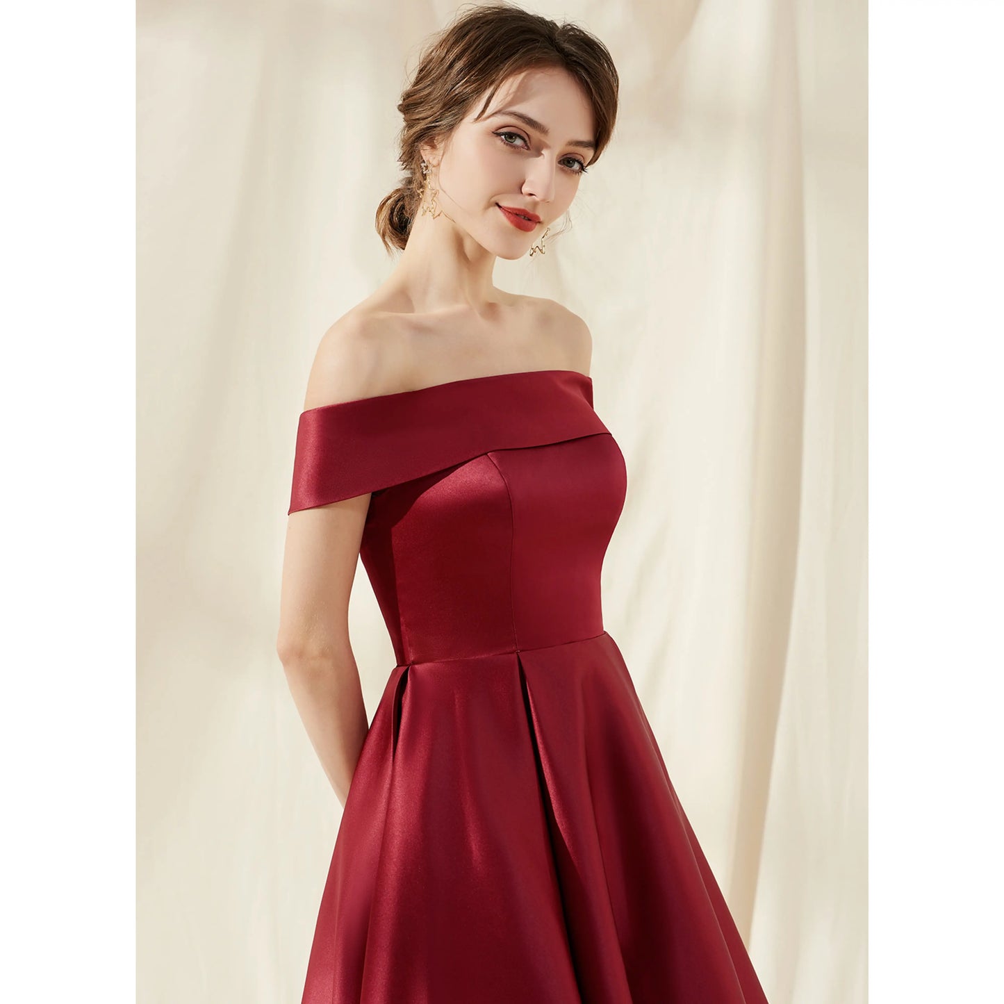 Elegant A-Line Off-Shoulder Pleated High-Low Burgundy Homecoming Dresses Women Gown