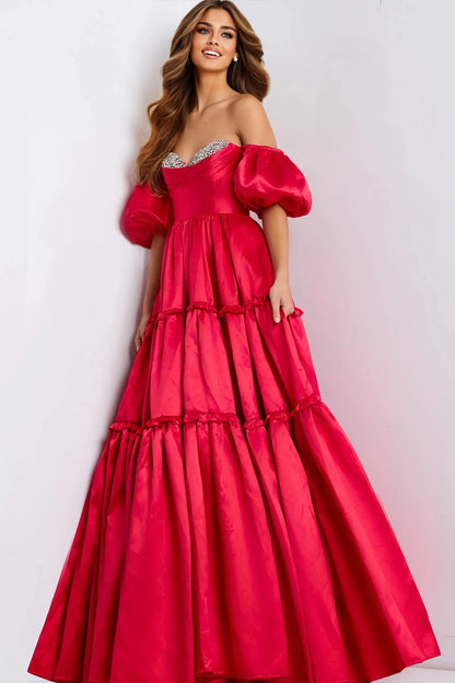 Elegant A-Line Off-Shoulder Puffed Sleeve Beaded Tiered Ruby Red Floor-Length Evening Gown