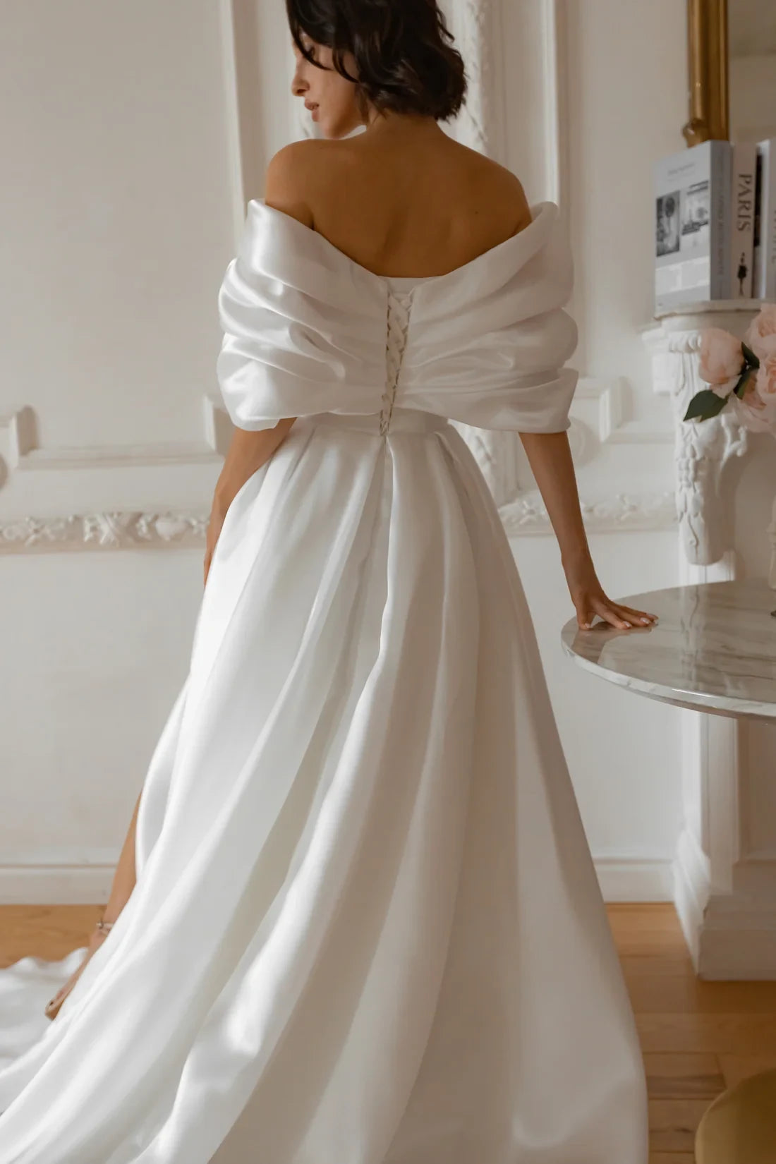 Elegant A-Line Off-Shoulder Puffy Sleeves High Slit White Floor-Length Wedding Dresses