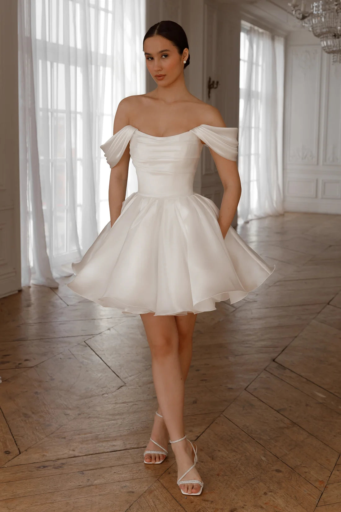Elegant A-Line Off-Shoulder Romantic Puffy White Short Wedding Dress Women's Gown