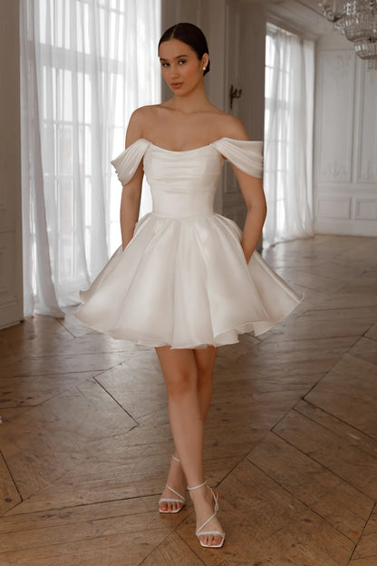 Elegant A-Line Off-Shoulder Romantic Puffy White Short Wedding Dress Women's Gown