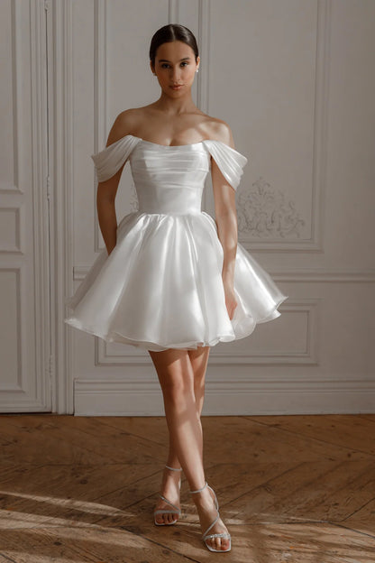Elegant A-Line Off-Shoulder Romantic Puffy White Short Wedding Dress Women's Gown