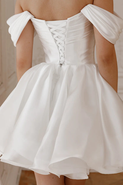 Elegant A-Line Off-Shoulder Romantic Puffy White Short Wedding Dress Women's Gown
