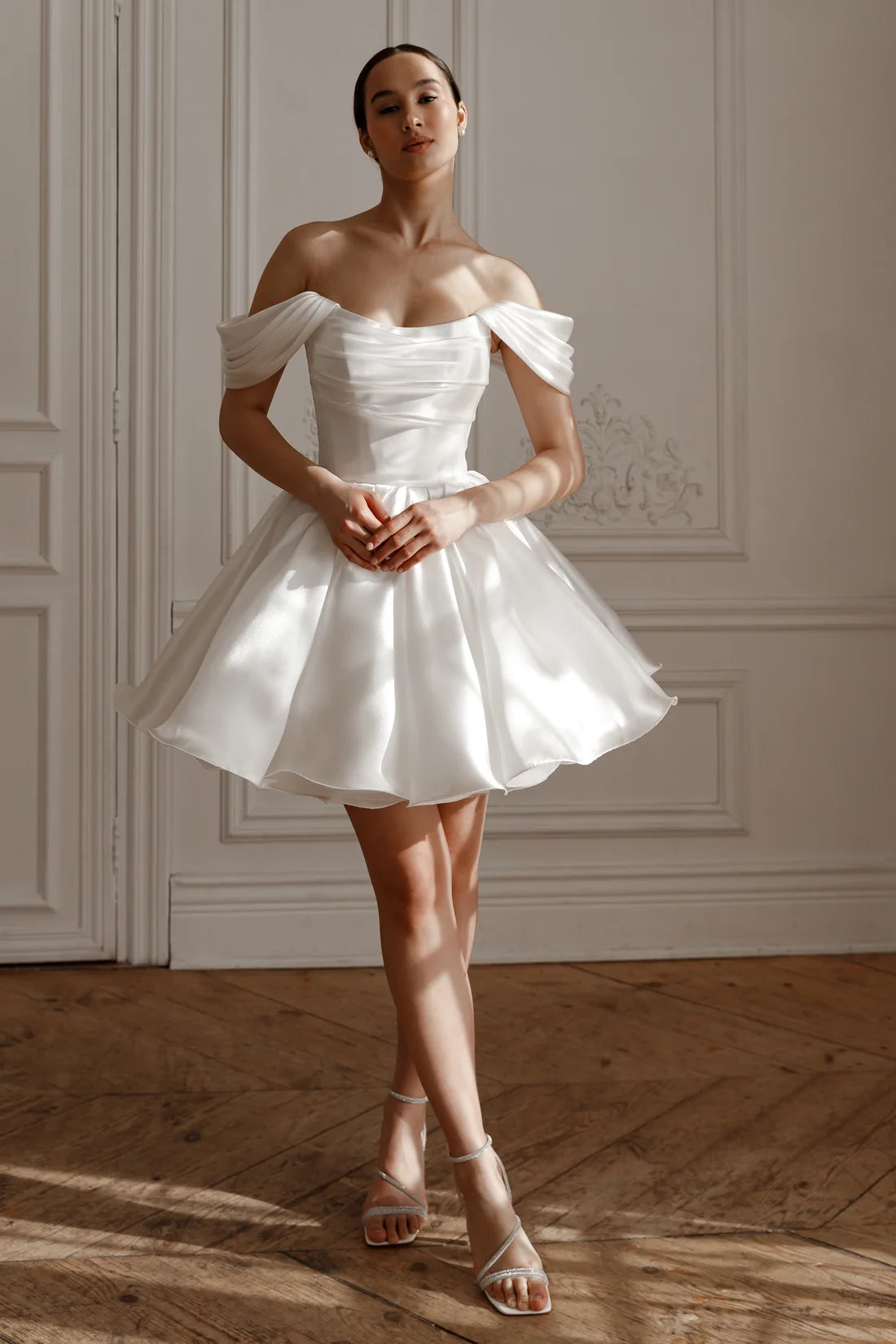 Elegant A-Line Off-Shoulder Romantic Puffy White Short Wedding Dress Women's Gown