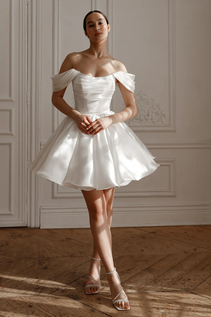 Elegant A-Line Off-Shoulder Romantic Puffy White Short Wedding Dress Women's Gown
