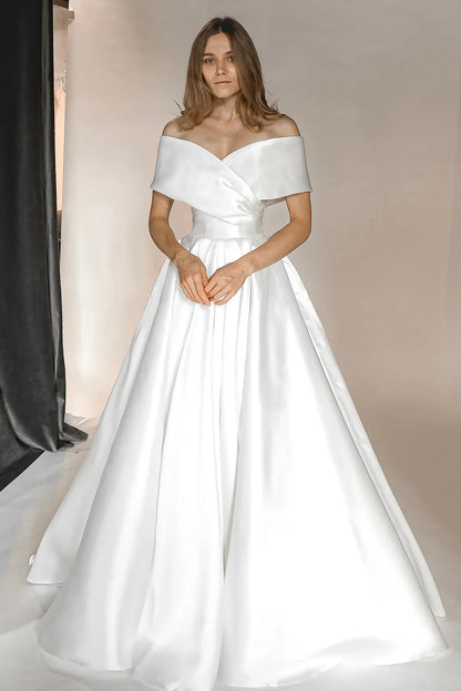 Elegant A-Line Off-Shoulder Romantic White Floor-Length Wedding Gown for Brides