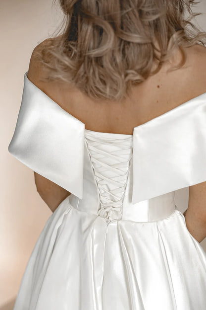 Elegant A-Line Off-Shoulder Romantic White Floor-Length Wedding Gown for Brides