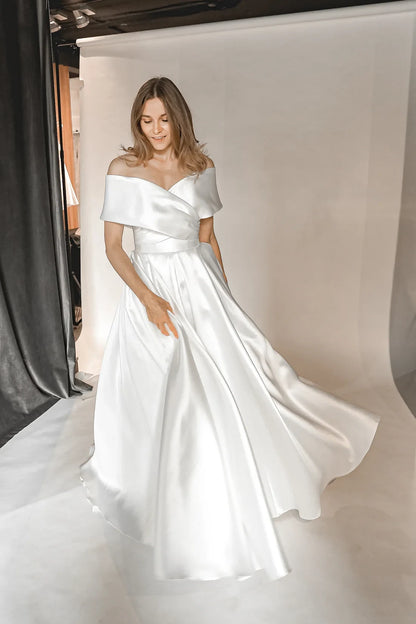 Elegant A-Line Off-Shoulder Romantic White Floor-Length Wedding Gown for Brides