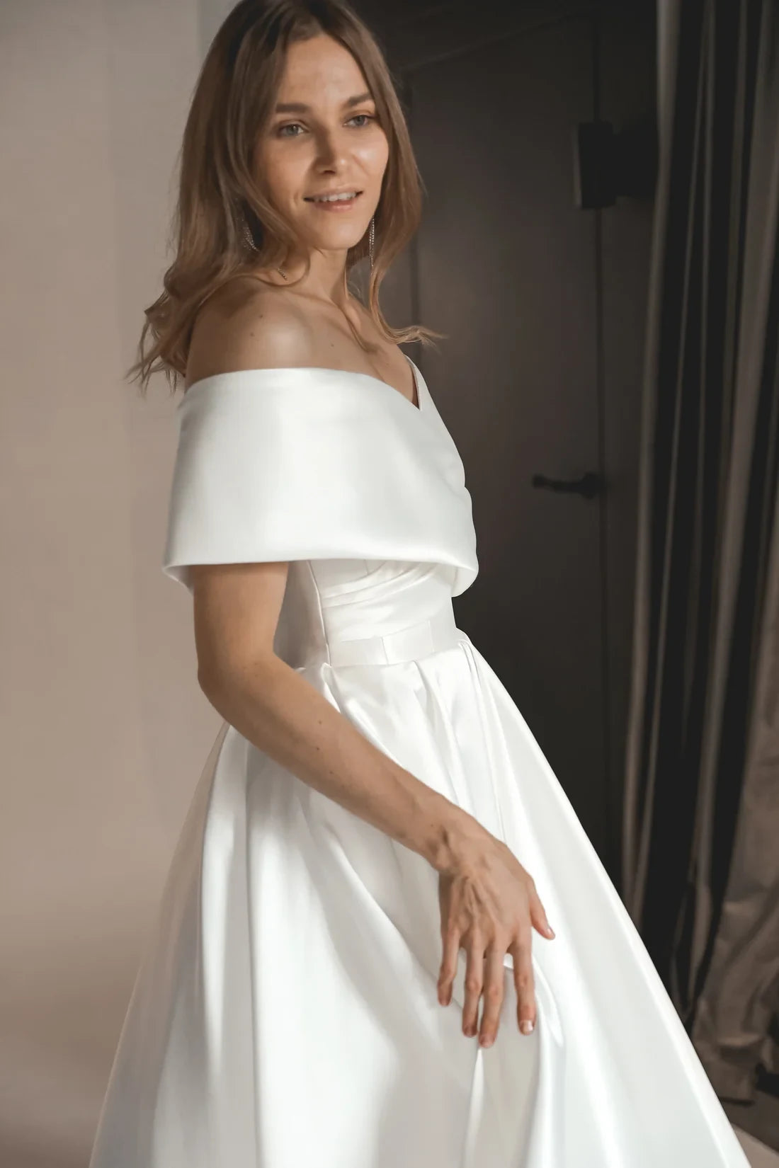 Elegant A-Line Off-Shoulder Romantic White Floor-Length Wedding Gown for Brides