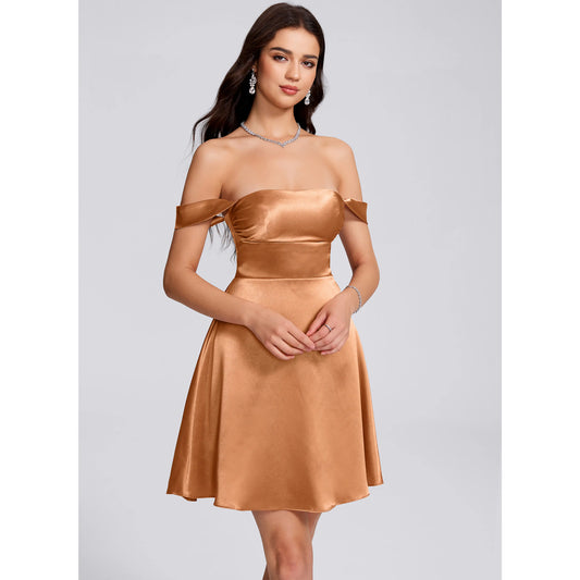 Elegant A-Line Off-Shoulder Ruched Copper Short Homecoming Dress for Women