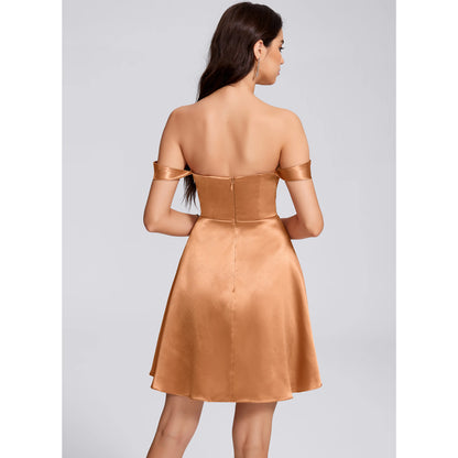 Elegant A-Line Off-Shoulder Ruched Copper Short Homecoming Dress for Women