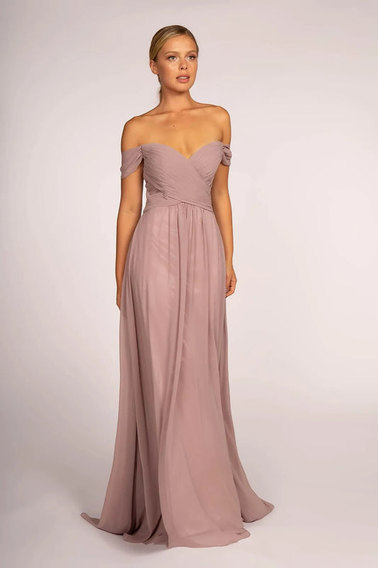 Elegant A-Line Off-Shoulder Ruched Dusty Rose Long Mother of the Bride Gown