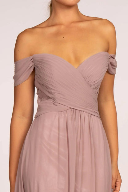 Elegant A-Line Off-Shoulder Ruched Dusty Rose Long Mother of the Bride Gown