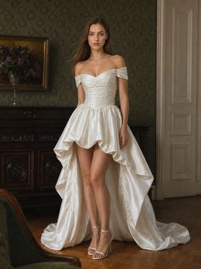 Elegant A-Line Off-Shoulder Ruched High-Low Ivory Prom Dress for Women