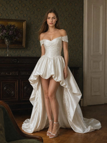 Elegant A-Line Off-Shoulder Ruched High-Low Ivory Prom Dress for Women
