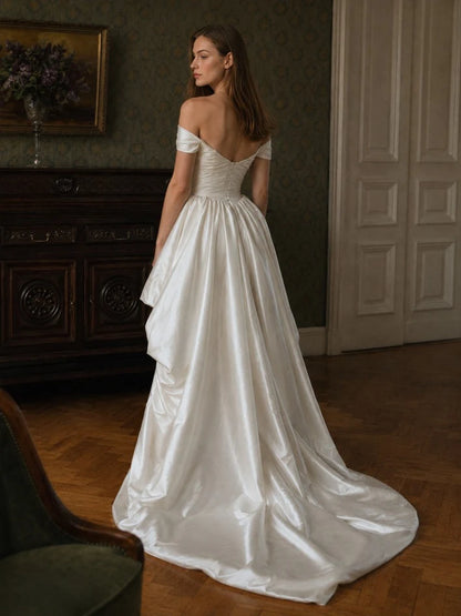Elegant A-Line Off-Shoulder Ruched High-Low Ivory Prom Dress for Women