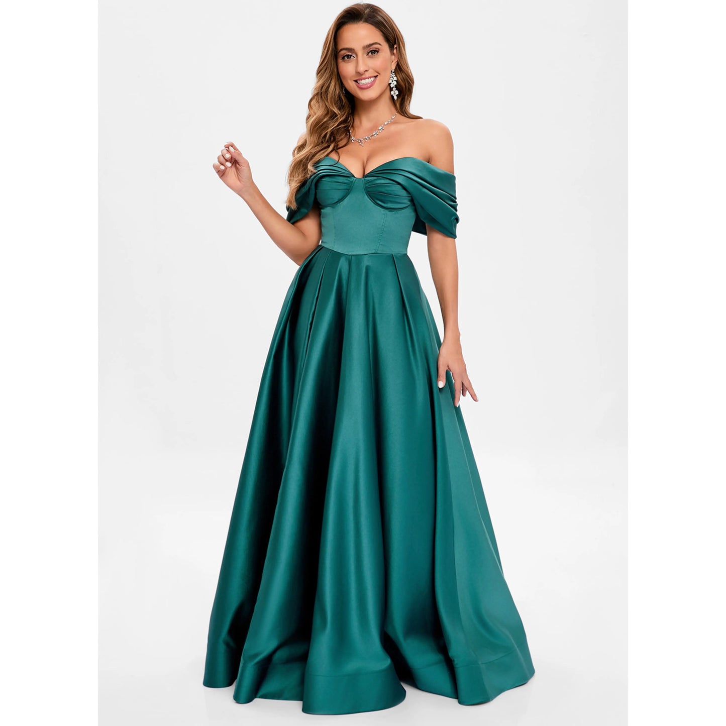 Elegant A-Line Off-Shoulder Ruched Slit Emerald Green Floor-Length Prom Gown