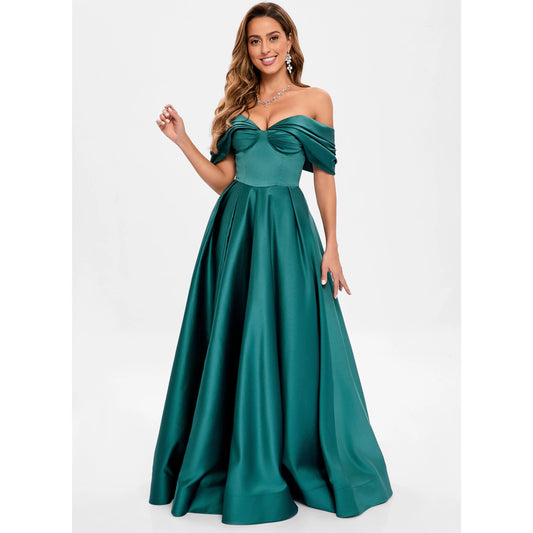 Elegant A-Line Off-Shoulder Ruched Slit Emerald Green Floor-Length Prom Gown