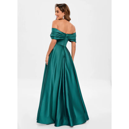 Elegant A-Line Off-Shoulder Ruched Slit Emerald Green Floor-Length Prom Gown