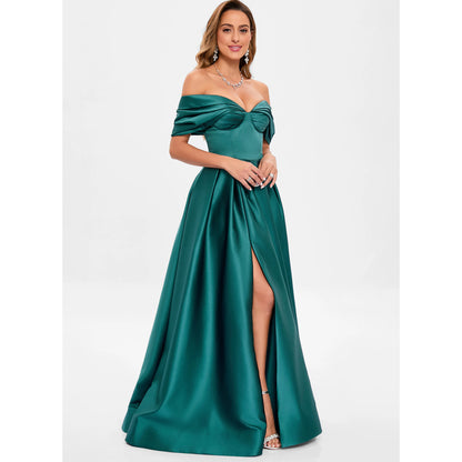 Elegant A-Line Off-Shoulder Ruched Slit Emerald Green Floor-Length Prom Gown