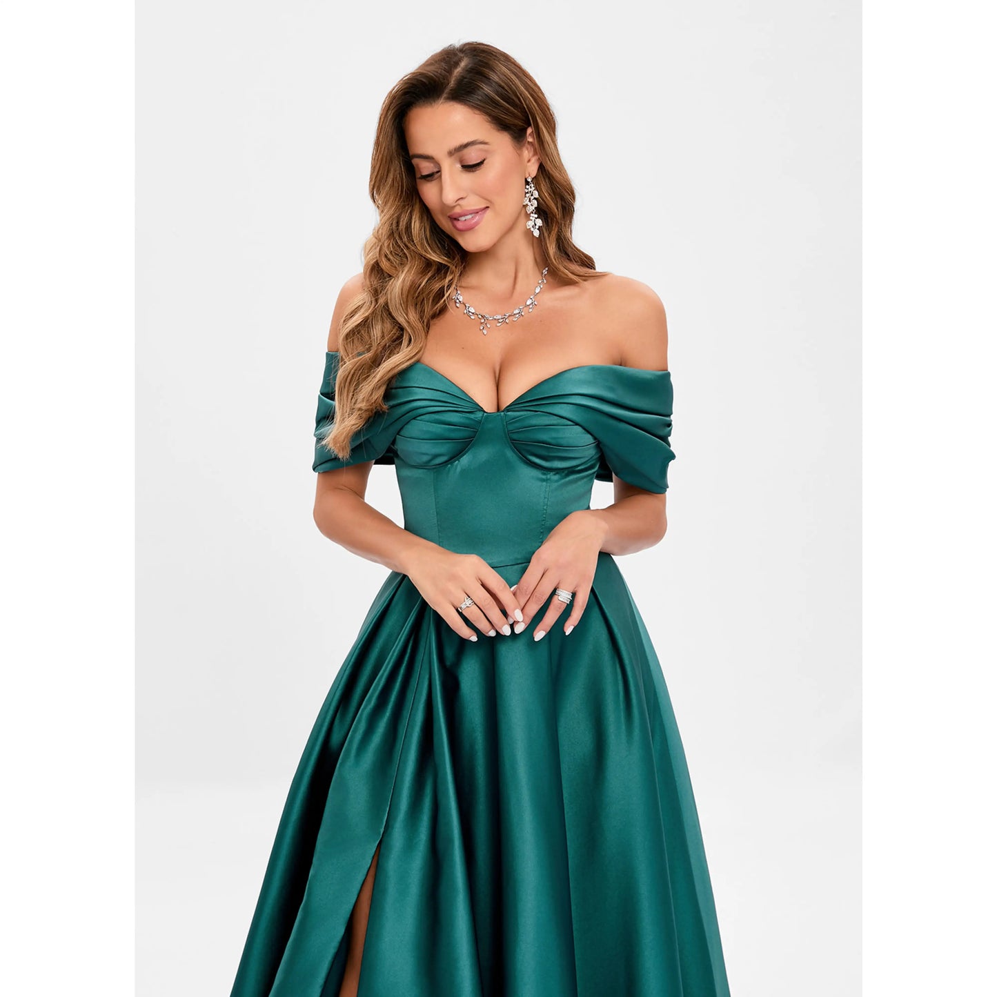 Elegant A-Line Off-Shoulder Ruched Slit Emerald Green Floor-Length Prom Gown