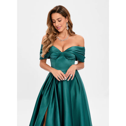 Elegant A-Line Off-Shoulder Ruched Slit Emerald Green Floor-Length Prom Gown