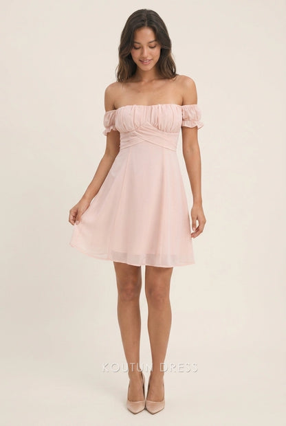 Elegant A-Line Off-Shoulder Ruched Tie-Back Blush Short Homecoming Dress